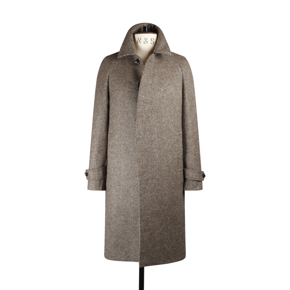 Raglan Coat in Brown Herringbone Wool