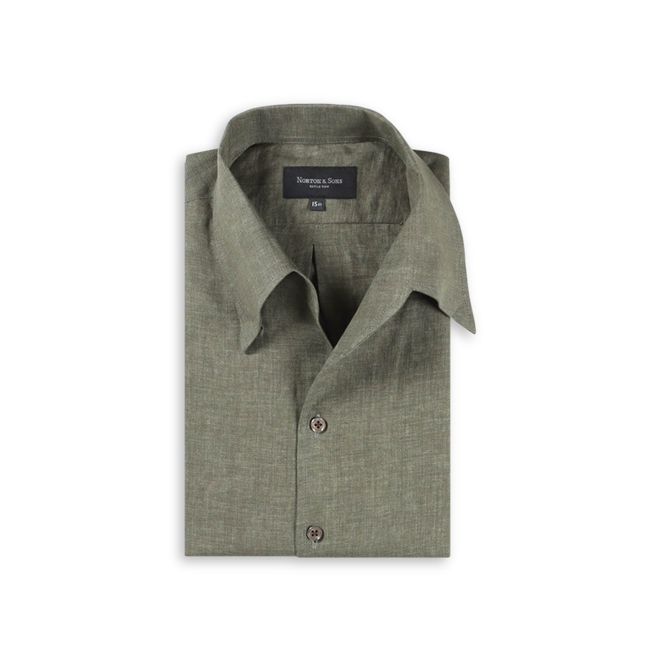 One Piece Collar Shirt in Khaki Green Linen